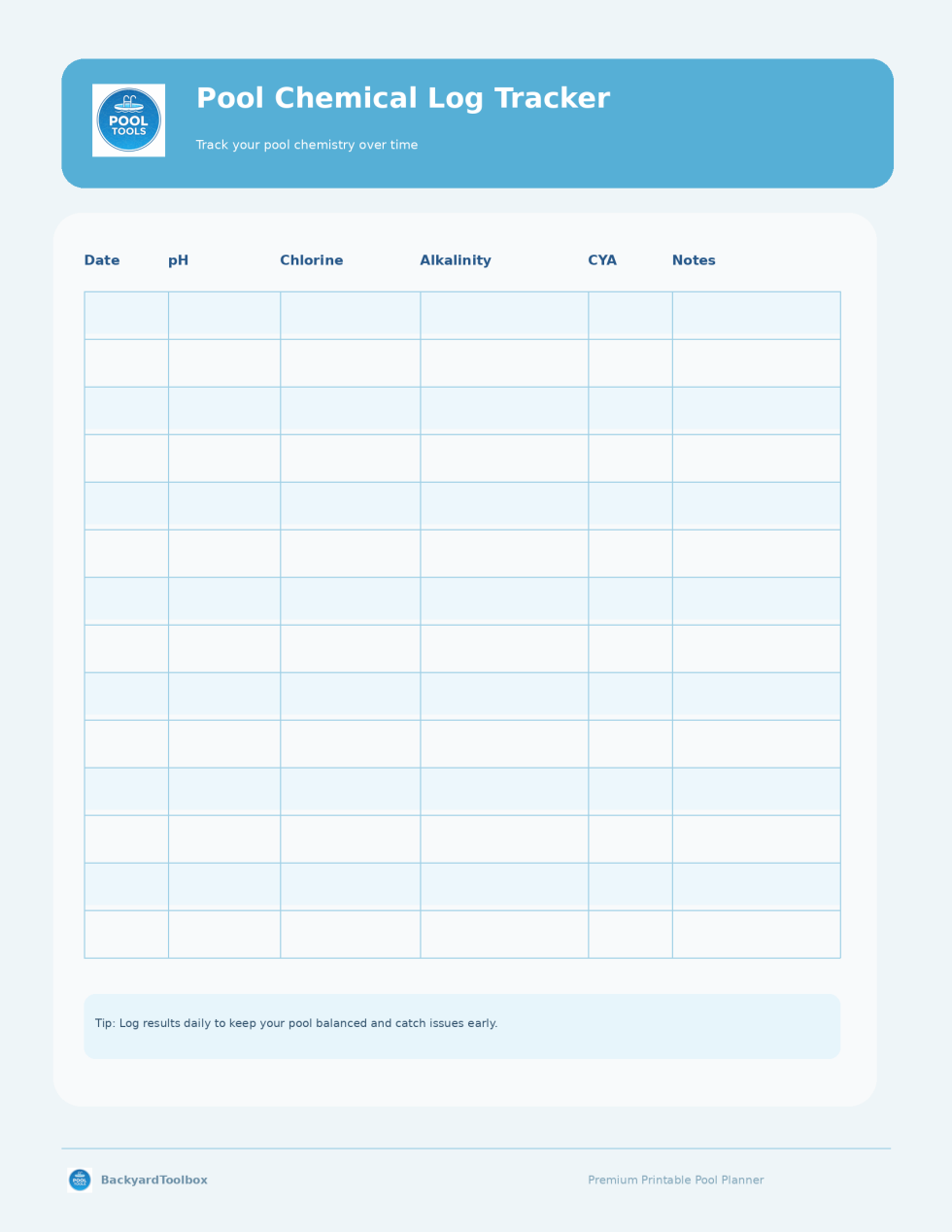 Actual Backyard Toolbox printable Pool Chemical Log Tracker
