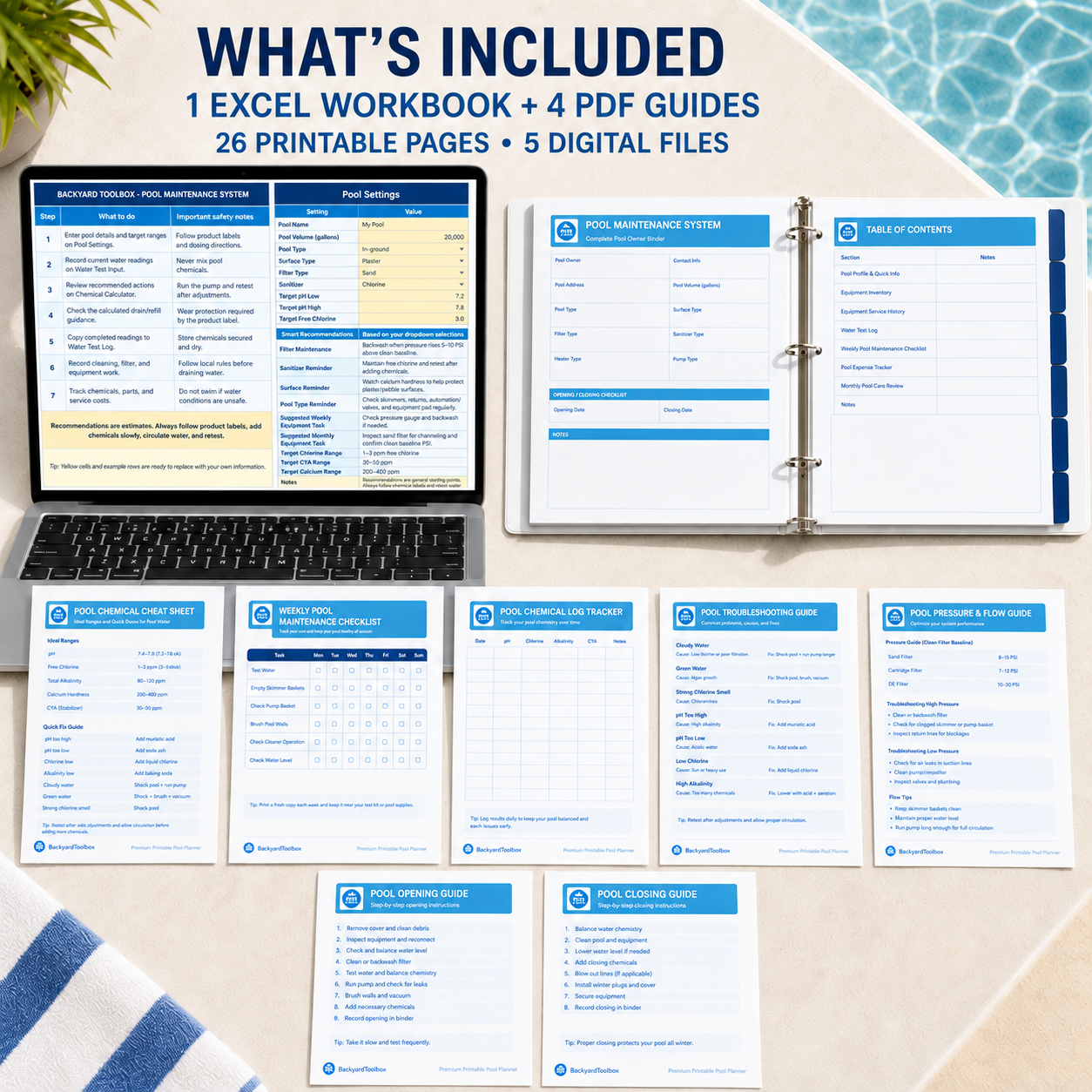 Complete bundle contents: Excel workbook, printable binder, and pool-care guides