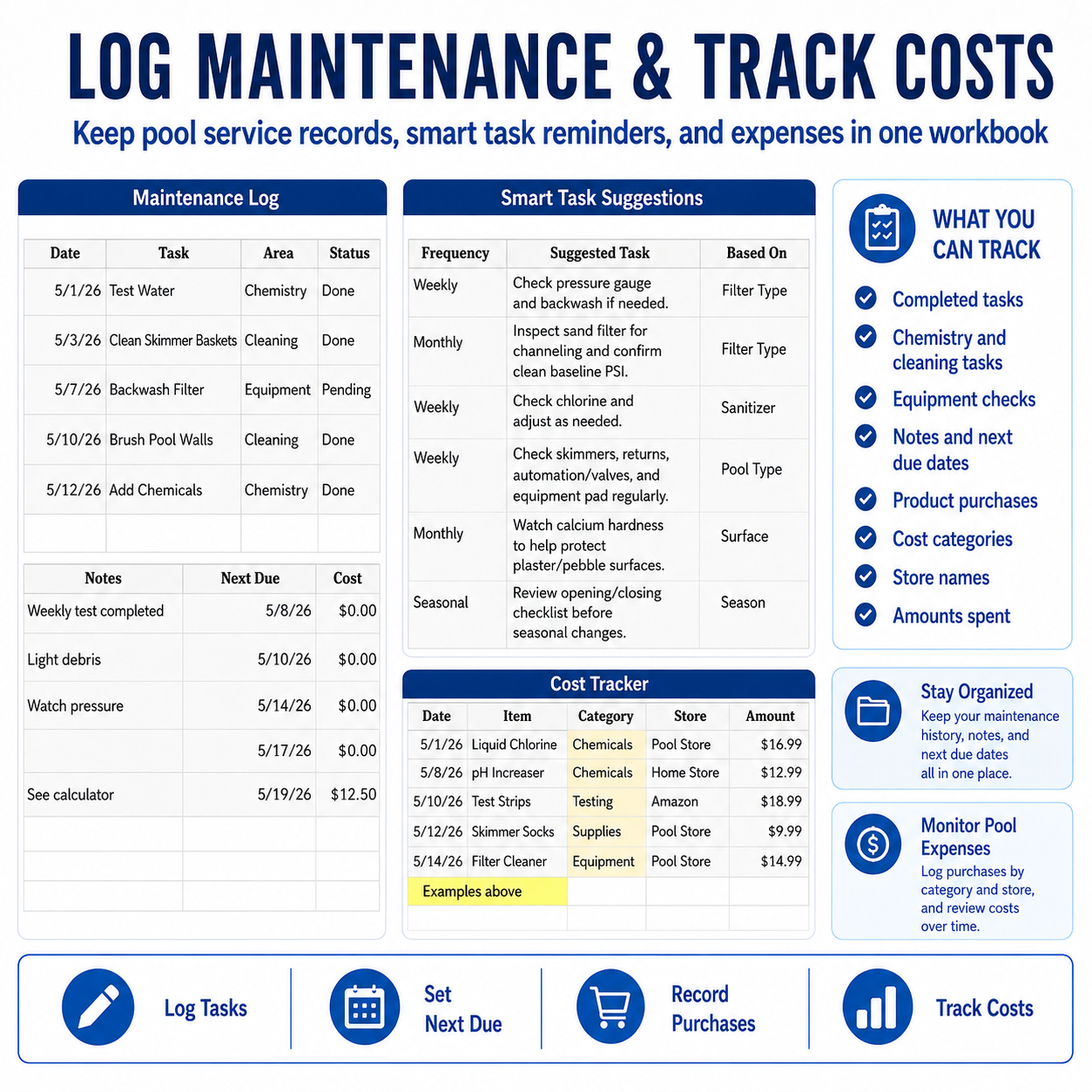 Actual Excel workbook maintenance log, task suggestions, and pool cost tracker