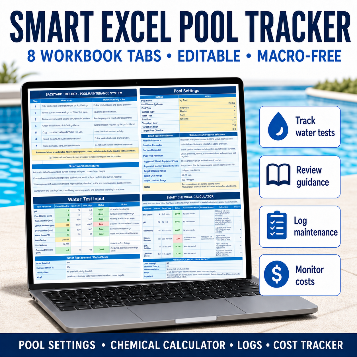 Actual Excel pool maintenance tracker with workbook features and printable PDFs