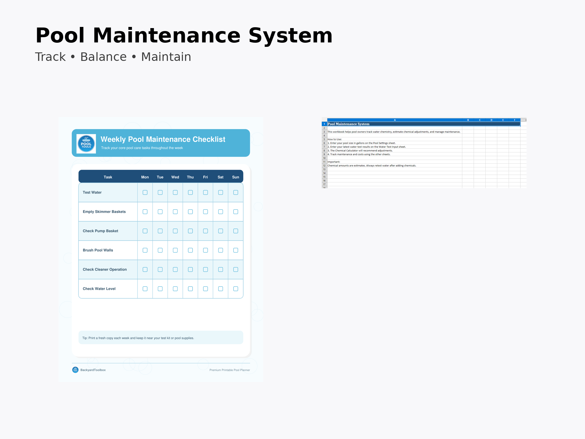 Actual Pool Maintenance System showing the weekly checklist and Excel workbook