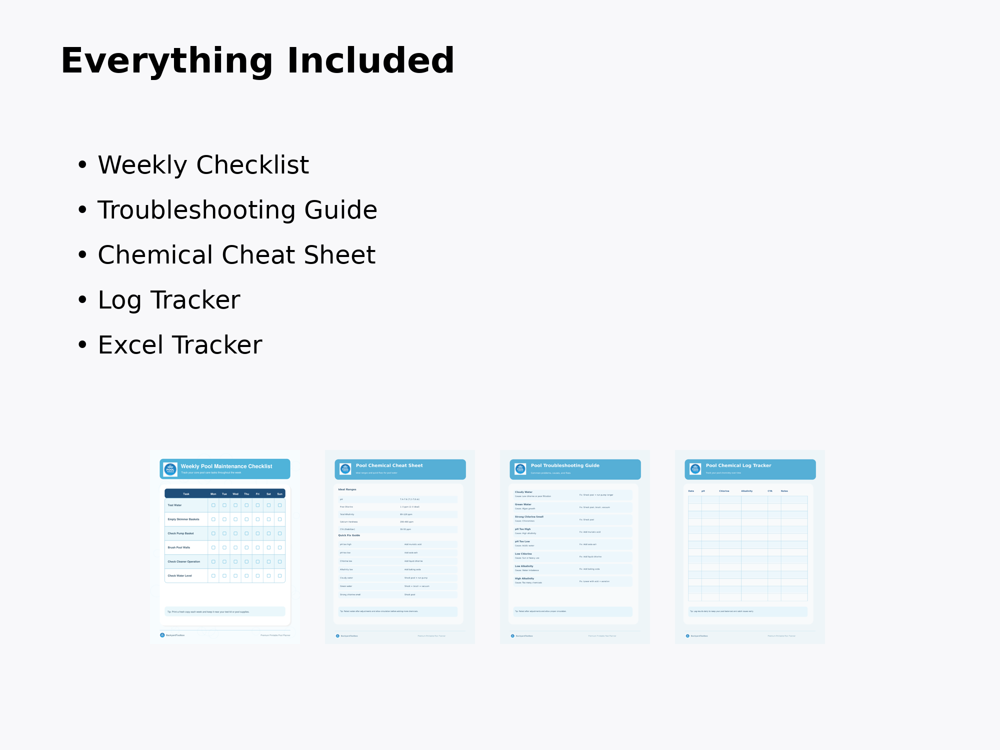 Actual bundle contents: weekly checklist, chemical cheat sheet, troubleshooting guide, chemical log tracker, and Excel tracker